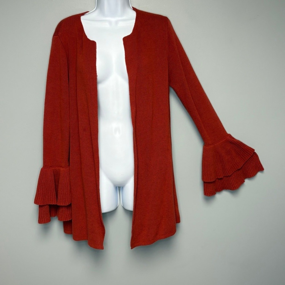 Loft Burnt Orange Ruffle Bell Sleeve Boho Open Front Knit Cardigan Sz L Petite